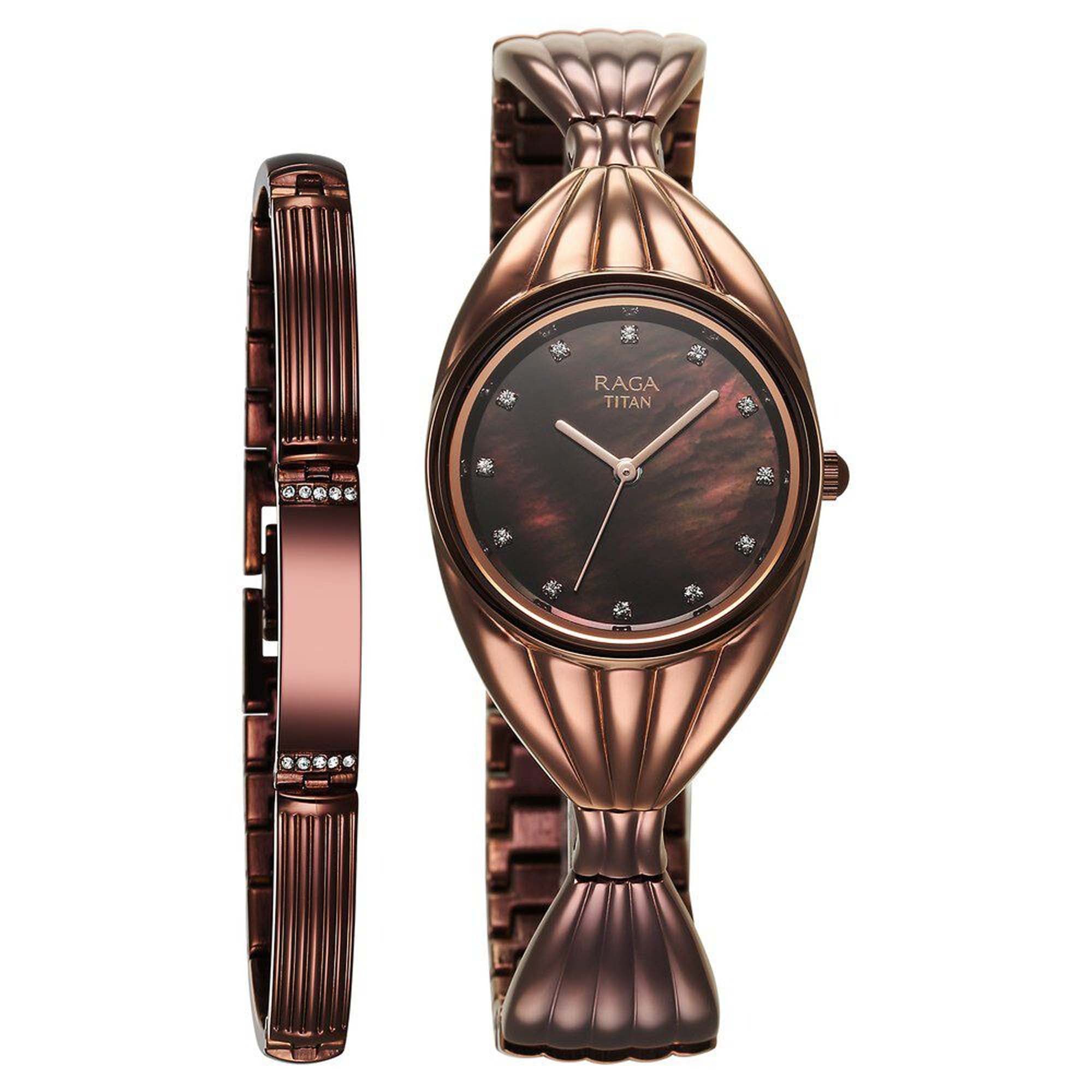 Titan Raga Memoirs Quartz Analog Mother Of Pearl Dial With Brown Metal Strap Watch For Women