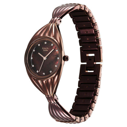 Titan Raga Memoirs Quartz Analog Mother Of Pearl Dial With Brown Metal Strap Watch For Women