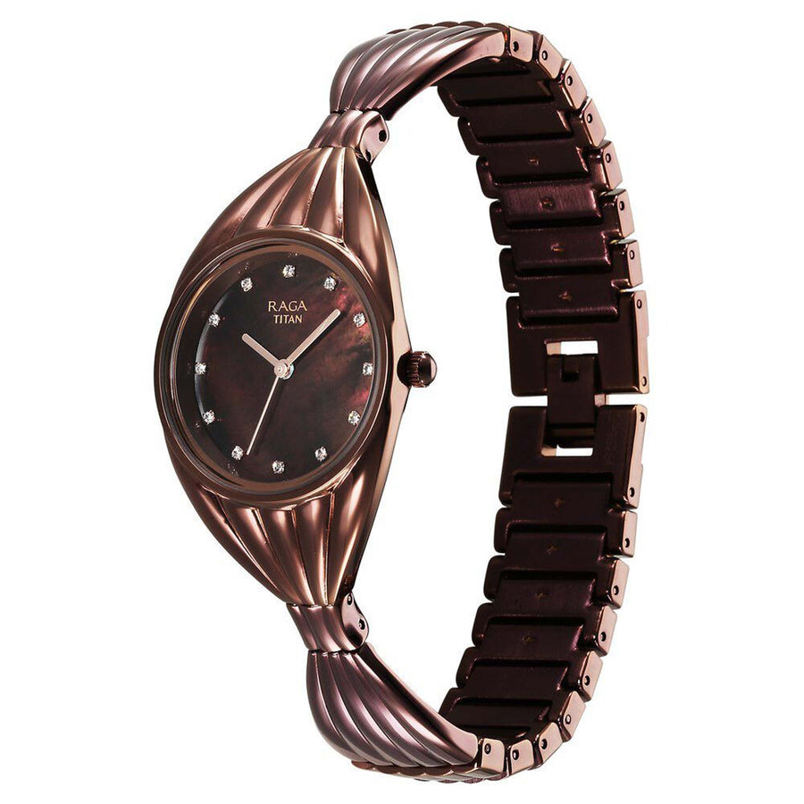 Titan Raga Memoirs Quartz Analog Mother Of Pearl Dial With Brown Metal Strap Watch For Women