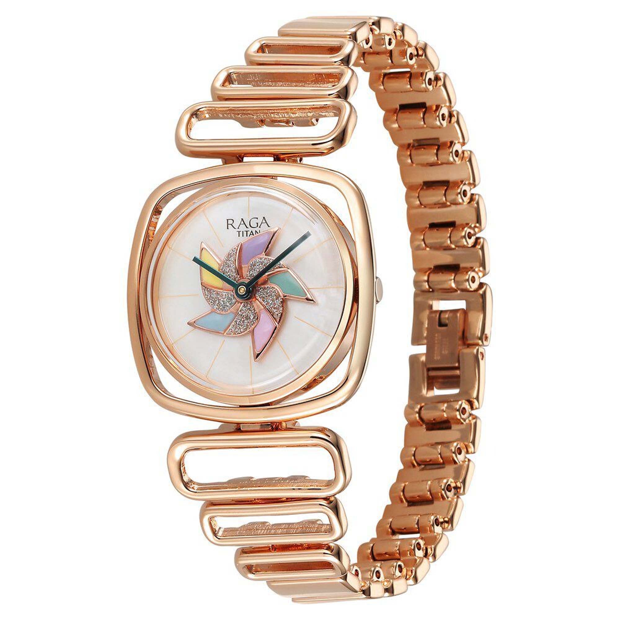 Titan Raga Memoirs Pinwheel Quartz Analog Mother of Pearl Dial With Rose Gold Color Metal Strap Watch For Women