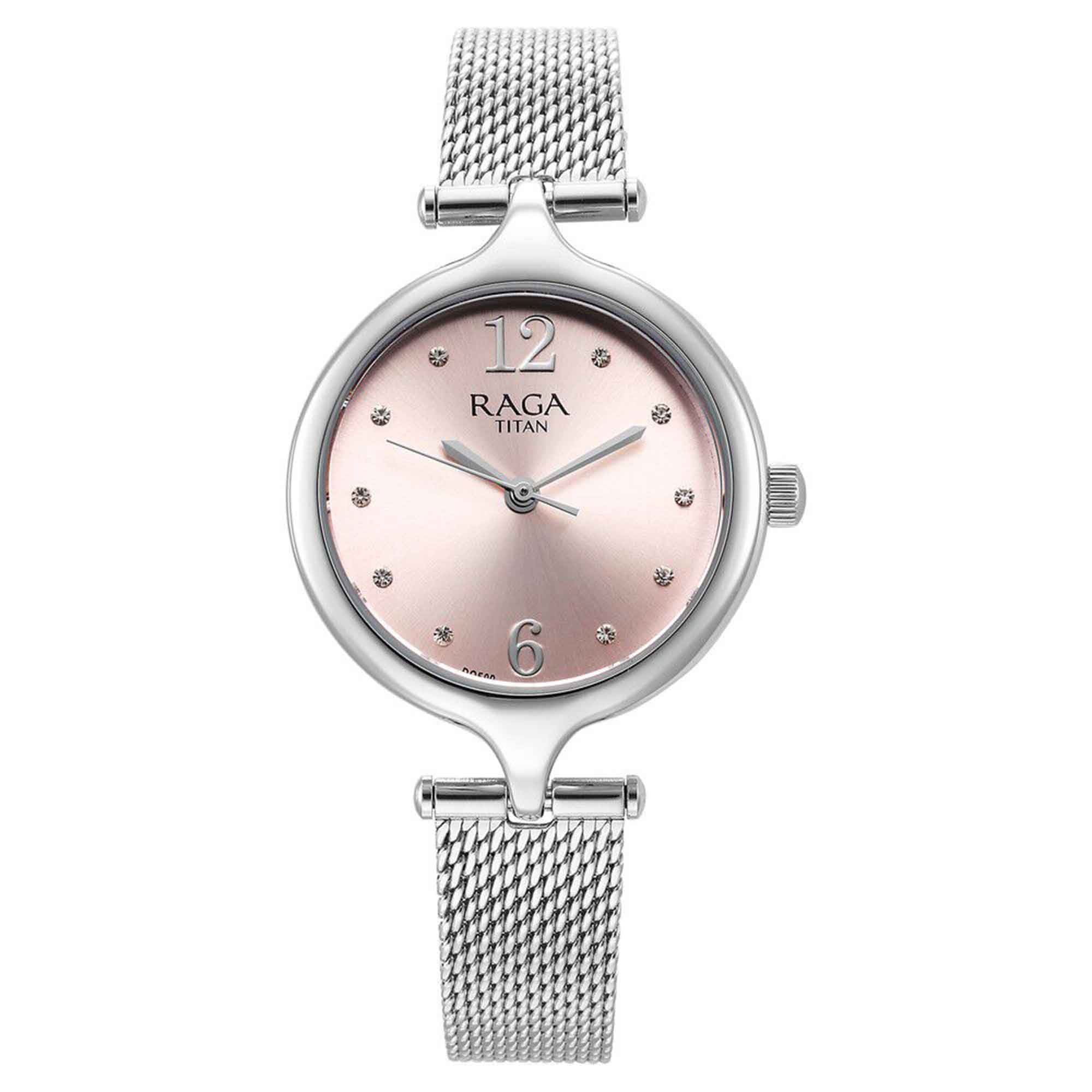 Titan Raga Showstopper Pink Dial Silver Metal Strap Analog Watch for Women