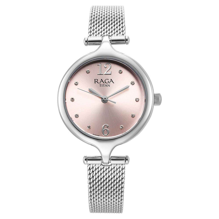 Titan Raga Showstopper Pink Dial Silver Metal Strap Analog Watch for Women
