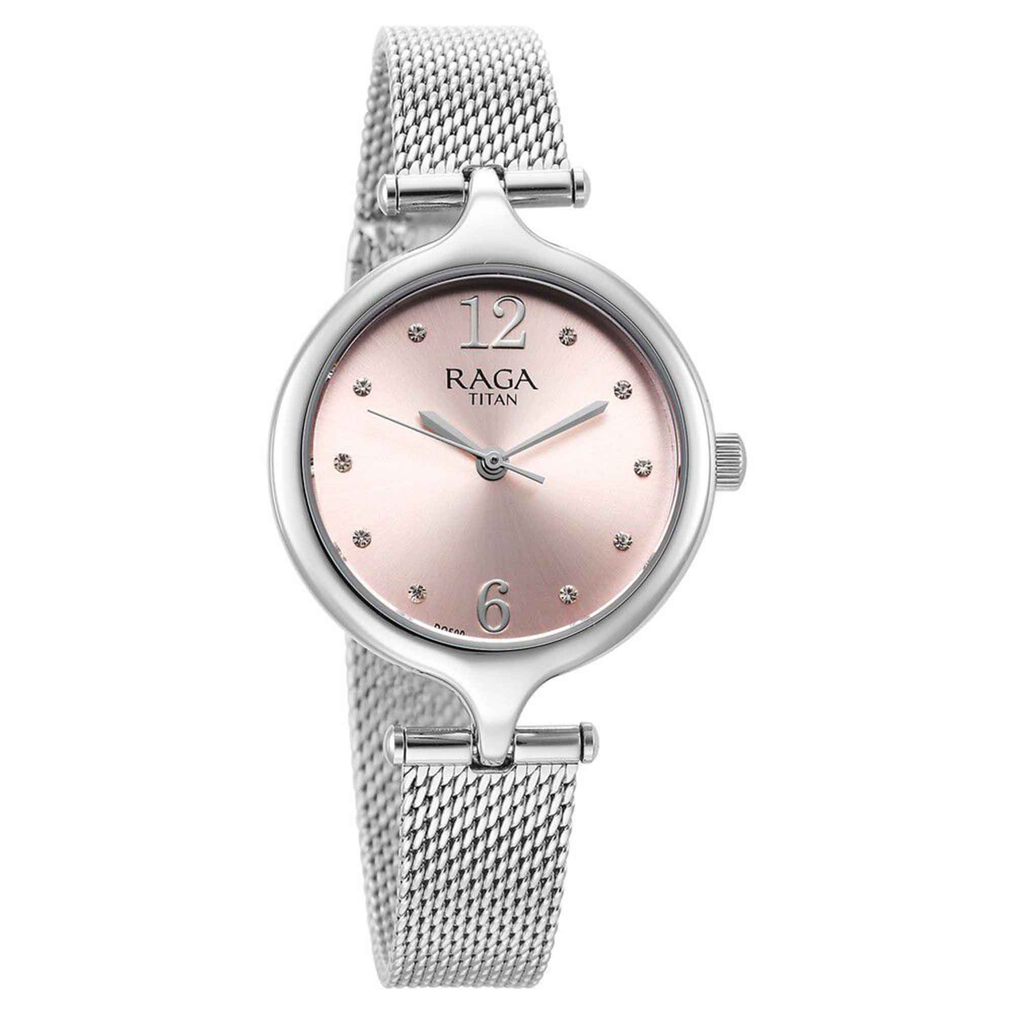 Titan Raga Showstopper Pink Dial Silver Metal Strap Analog Watch for Women