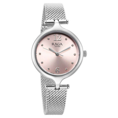 Titan Raga Showstopper Pink Dial Silver Metal Strap Analog Watch for Women