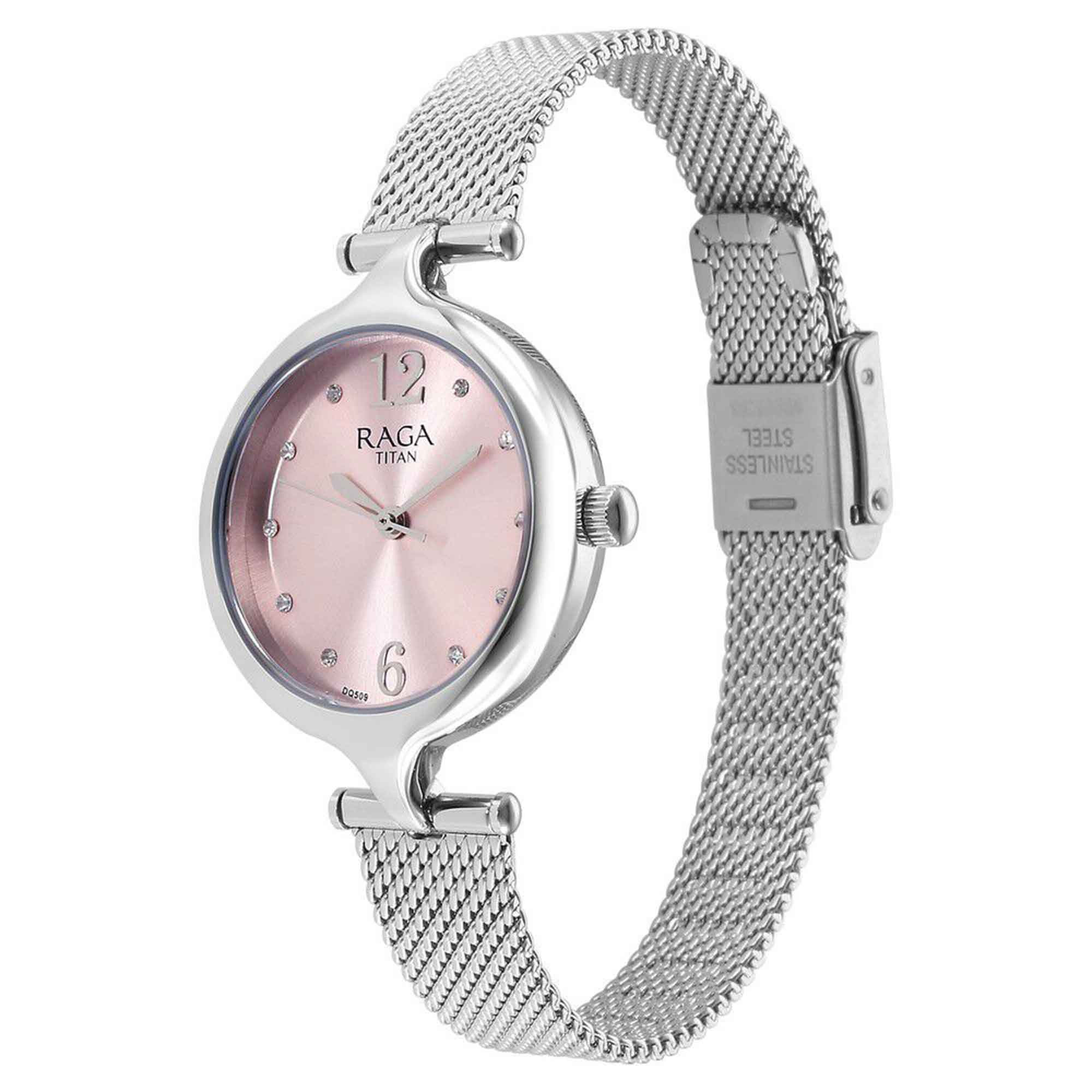 Titan Raga Showstopper Pink Dial Silver Metal Strap Analog Watch for Women