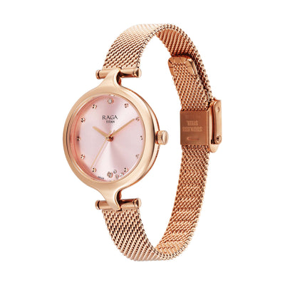 Titan Raga Showstopper Quartz Analog Rose Gold Dial Metal Strap Watch For Women