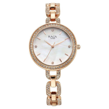 Titan Raga Showstopper Quartz Analog Mother Of Pearl Dial Rose Gold Metal Strap Watch For Women