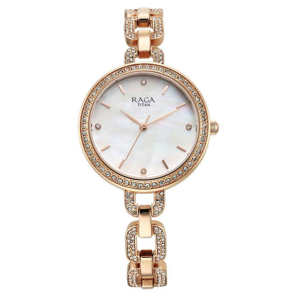 Titan Raga Showstopper Quartz Analog Mother Of Pearl Dial Rose Gold Metal Strap Watch For Women