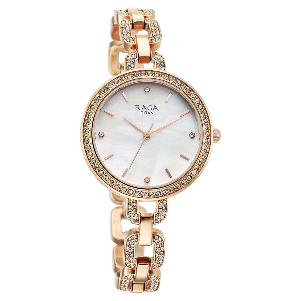 Titan Raga Showstopper Quartz Analog Mother Of Pearl Dial Rose Gold Metal Strap Watch For Women