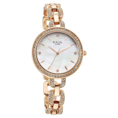 Titan Raga Showstopper Quartz Analog Mother Of Pearl Dial Rose Gold Metal Strap Watch For Women