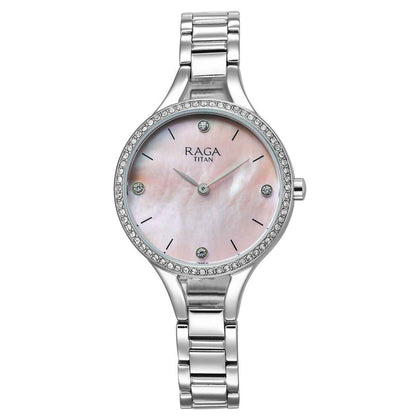 Titan Raga Showstopper Quartz Analog Mother Of Pearl Dial Silver Metal Strap Watch For Women