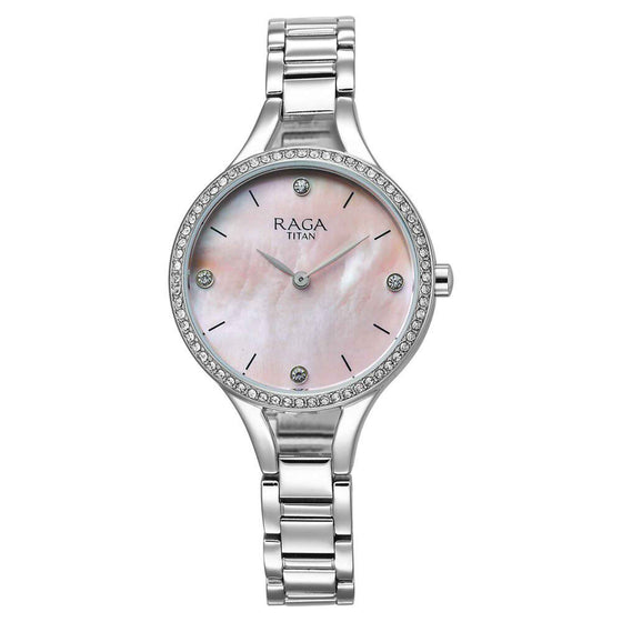Titan Raga Showstopper Quartz Analog Mother Of Pearl Dial Silver Metal Strap Watch For Women