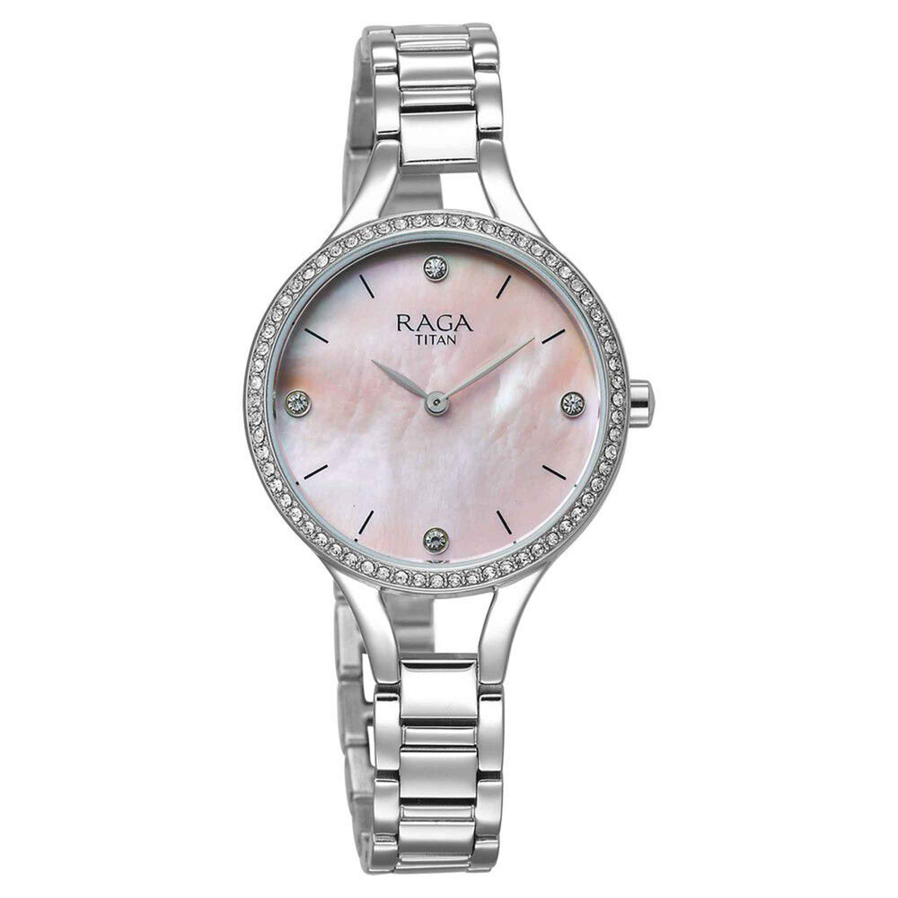 Titan Raga Showstopper Quartz Analog Mother Of Pearl Dial Silver Metal Strap Watch For Women