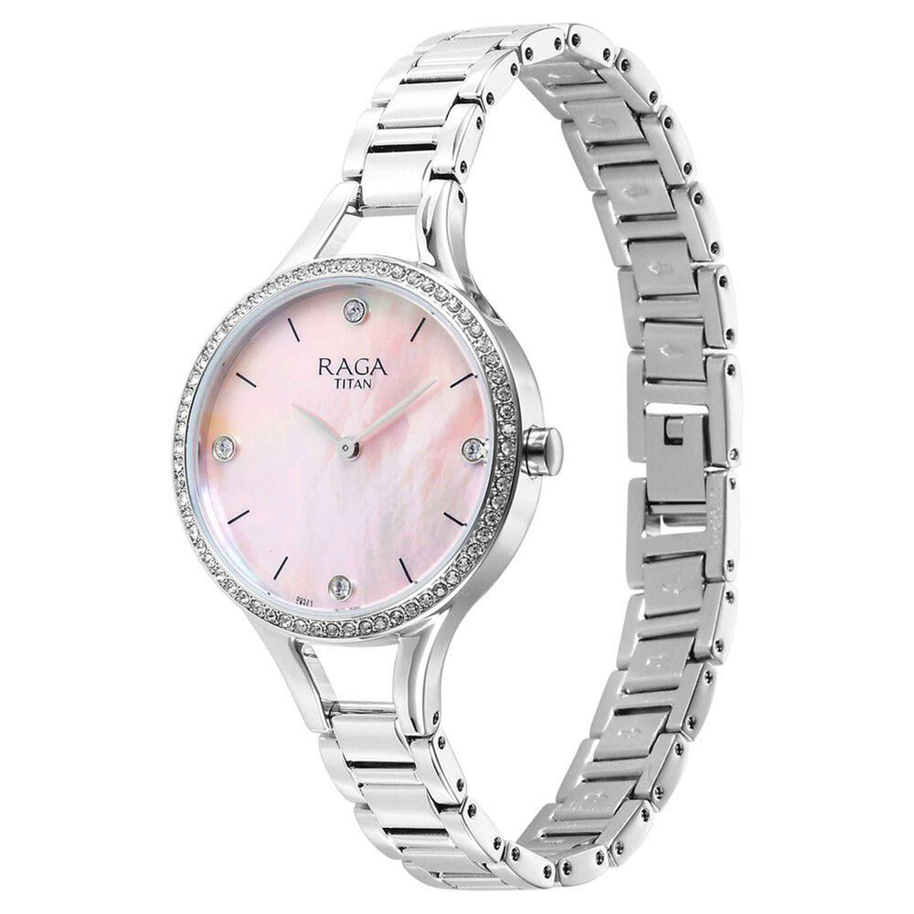 Titan Raga Showstopper Quartz Analog Mother Of Pearl Dial Silver Metal Strap Watch For Women