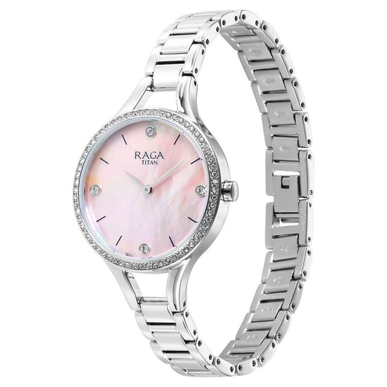 Titan Raga Showstopper Quartz Analog Mother Of Pearl Dial Silver Metal Strap Watch For Women