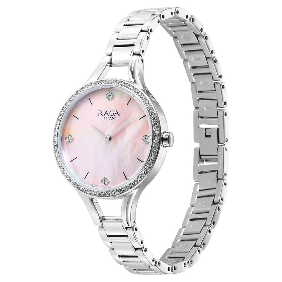 Titan Raga Showstopper Quartz Analog Mother Of Pearl Dial Silver Metal Strap Watch For Women