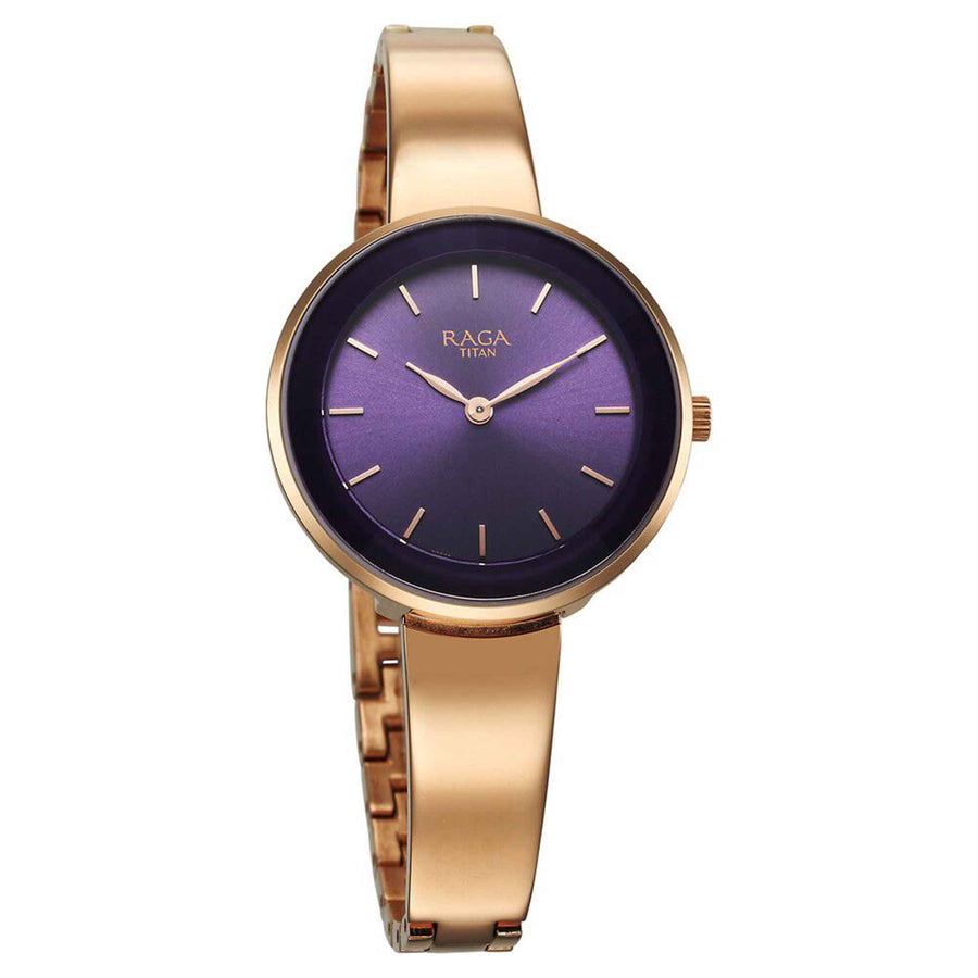 Titan Raga Showstopper Purple Dial Rose Gold Metal Strap Analog Watch for Women