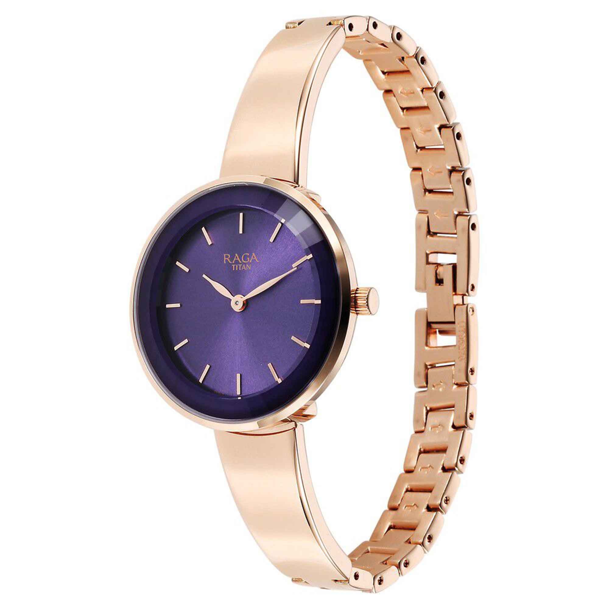 Titan Raga Showstopper Purple Dial Rose Gold Metal Strap Analog Watch for Women