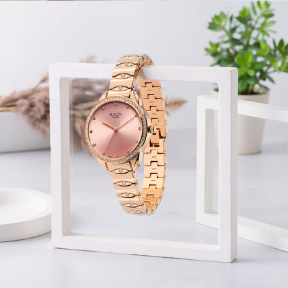 Titan Raga Showstopper Quartz Analog Pink Round Dial Rose Gold Metal Strap Watch For Women