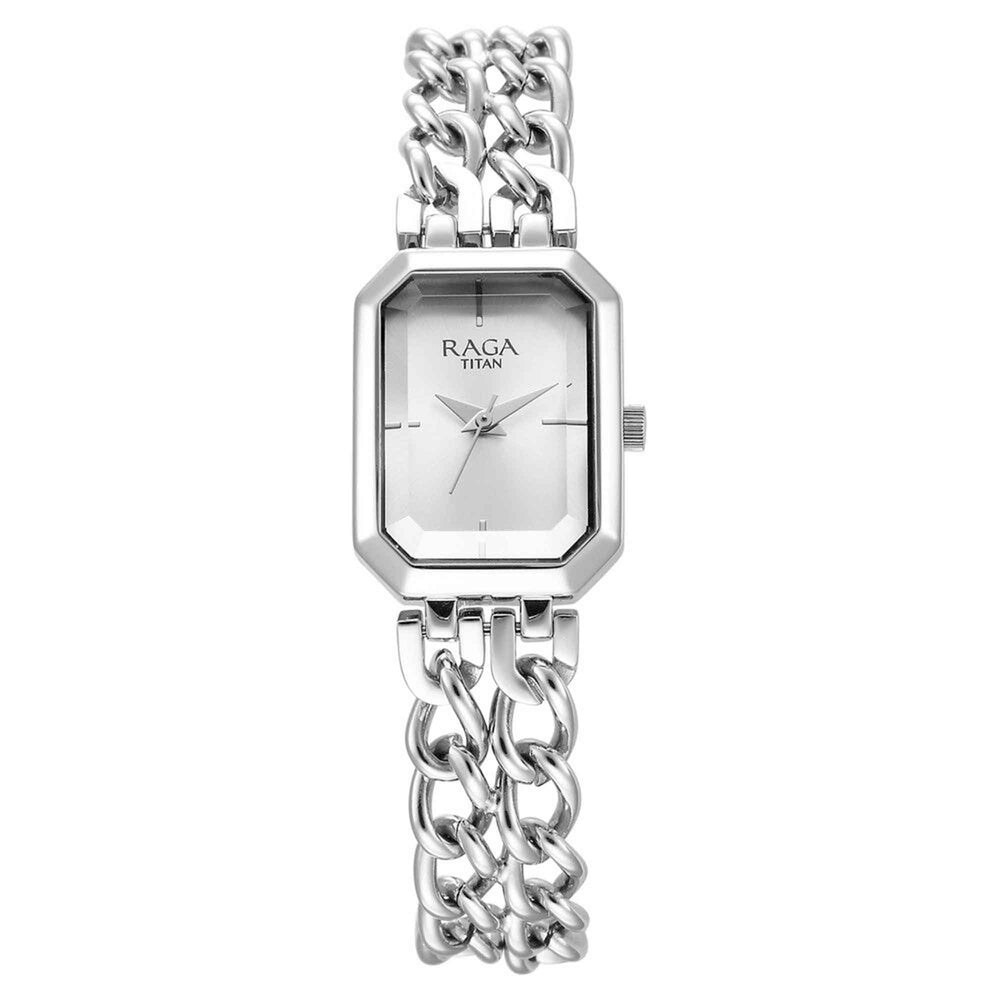 Titan Raga Showstopper Quartz Analog Silver Dial Silver Metal Strap Rectangular Shaped Watch For Women
