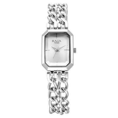 Titan Raga Showstopper Quartz Analog Silver Dial Silver Metal Strap Rectangular Shaped Watch For Women