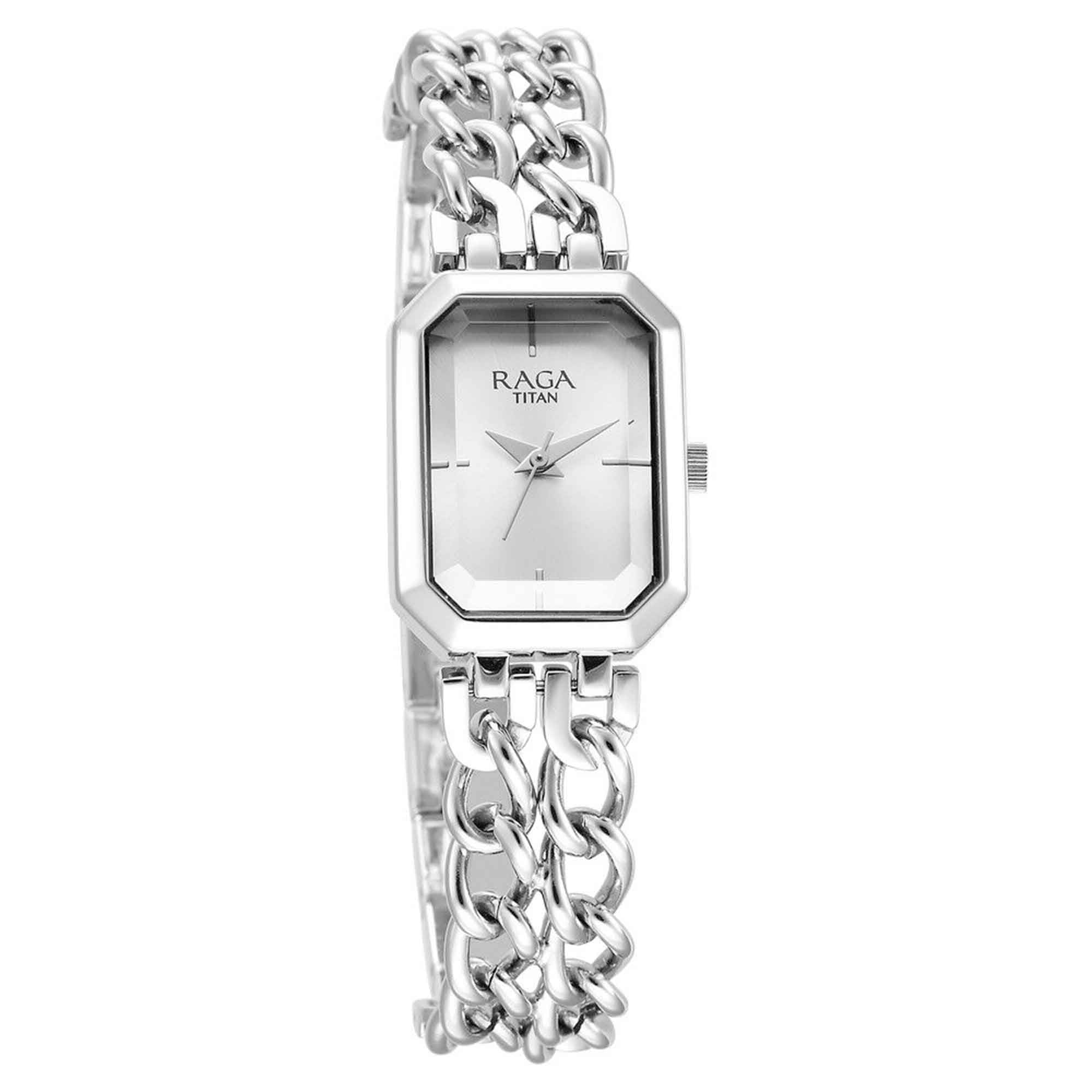 Titan Raga Showstopper Silver Rectangular Dial Metal Strap Analog Watch for Women
