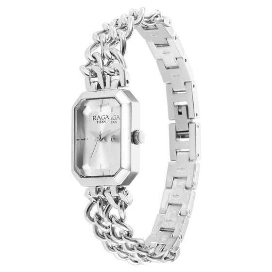Titan Raga Showstopper Quartz Analog Silver Dial Silver Metal Strap Rectangular Shaped Watch For Women