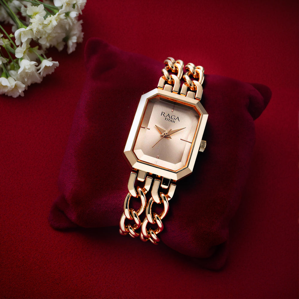 Titan Raga Showstopper Quartz Analog Rose Gold Dial Rose Gold Metal Strap Rectangular Shaped Watch For Women