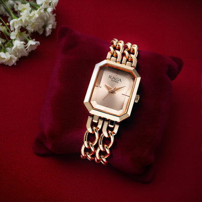 Titan Raga Showstopper Quartz Analog Rose Gold Dial Rose Gold Metal Strap Rectangular Shaped Watch For Women