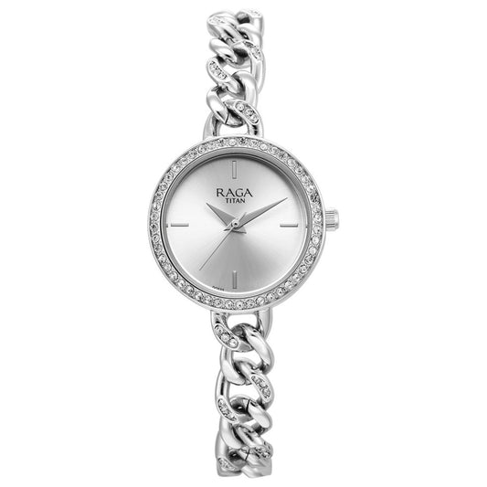 Titan Raga Showstopper Quartz Analog Silver Dial Metal Strap Watch for Women 95288SM01
