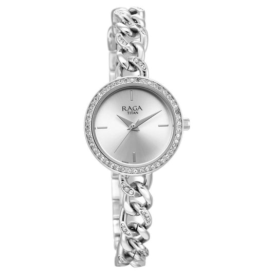 Titan Raga Showstopper Quartz Analog Silver Dial Metal Strap Watch for Women 95288SM01