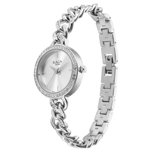 Titan Raga Showstopper Quartz Analog Silver Dial Metal Strap Watch for Women 95288SM01