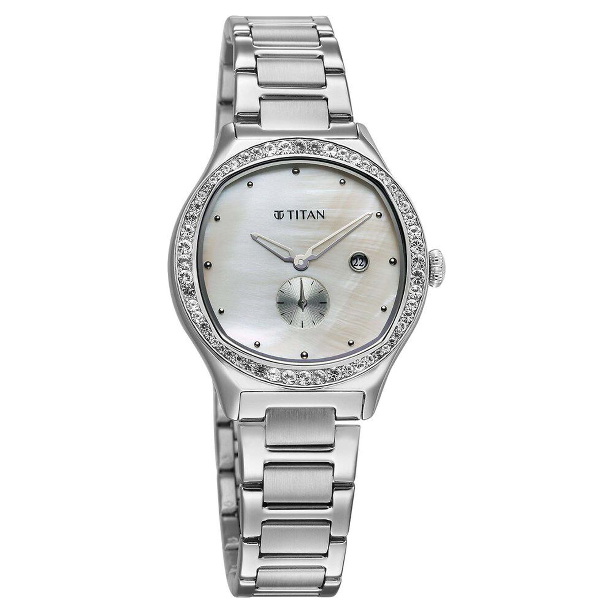 Titan Fashion Mother Of Pearl Dial Silver Stainless Steel Strap Analog with Date Watch For Women