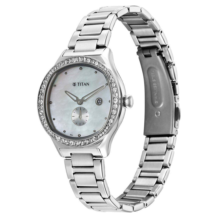 Titan Fashion Mother Of Pearl Dial Silver Stainless Steel Strap Analog with Date Watch For Women