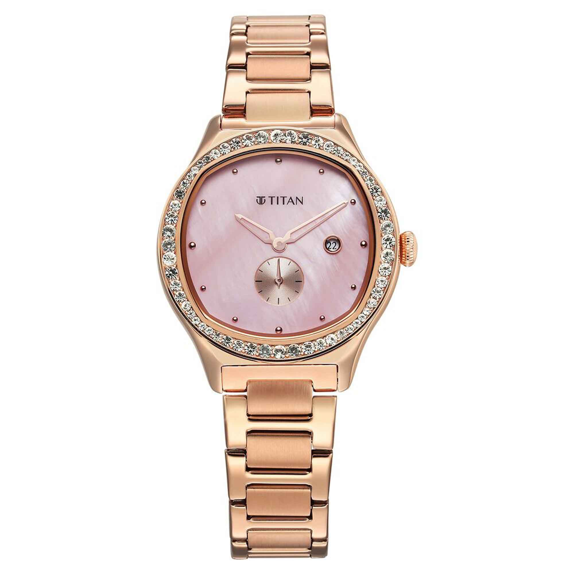 Titan Fashion Pink Mother of Pearl Dial Rose Gold Stainless Steel Strap Analog with Date Watch for Women