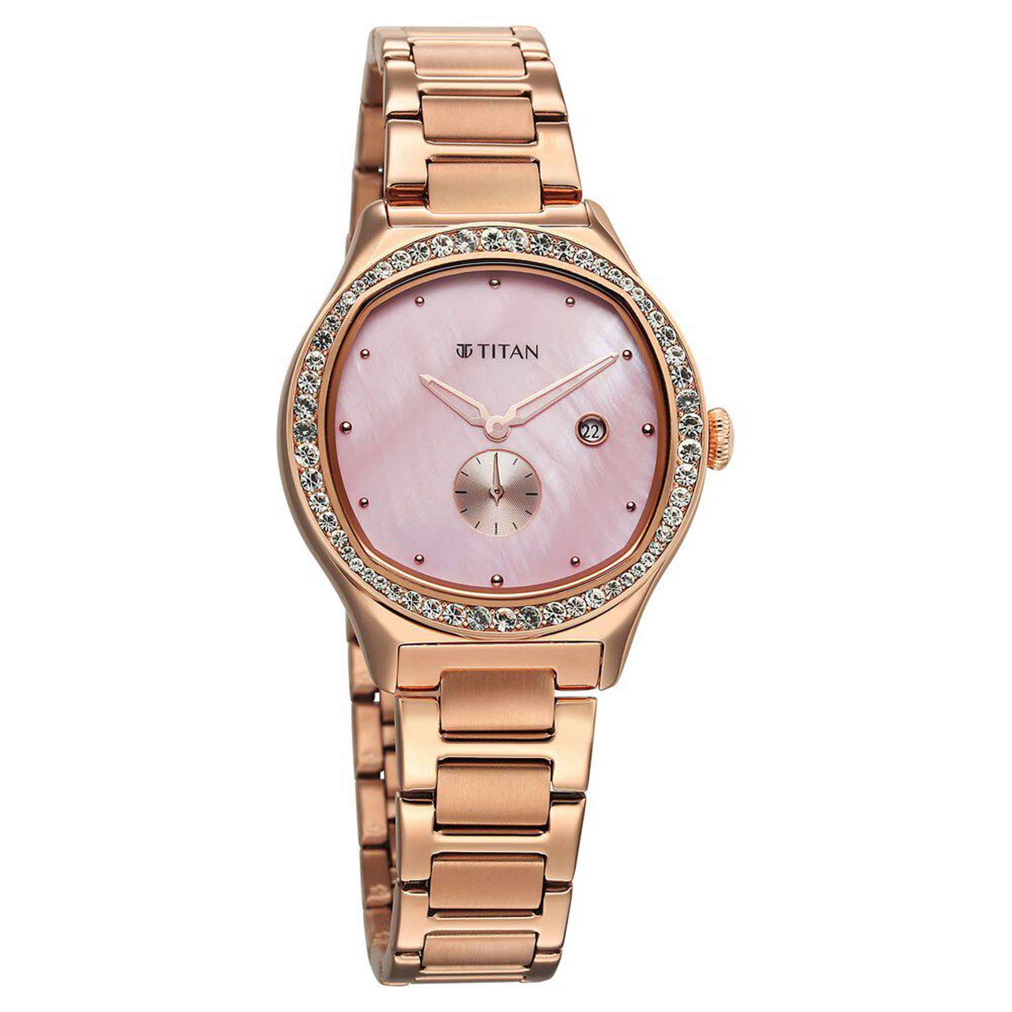 Titan Fashion Pink Mother of Pearl Dial Rose Gold Stainless Steel Strap Analog with Date Watch for Women