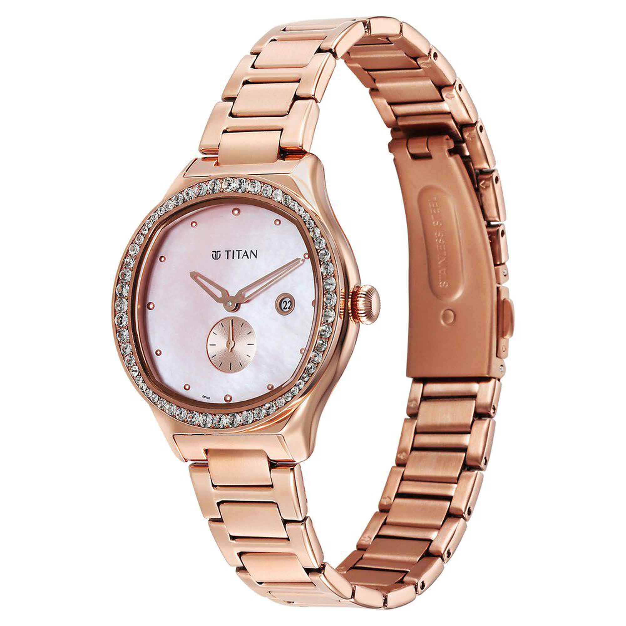 Titan Fashion Pink Mother of Pearl Dial Rose Gold Stainless Steel Strap Analog with Date Watch for Women