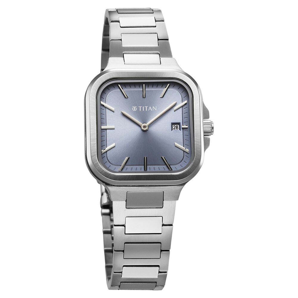 Titan Slim Square Quartz Analog with Date Blue Dial With Silver Color Stainless Steel Strap Watch For Women