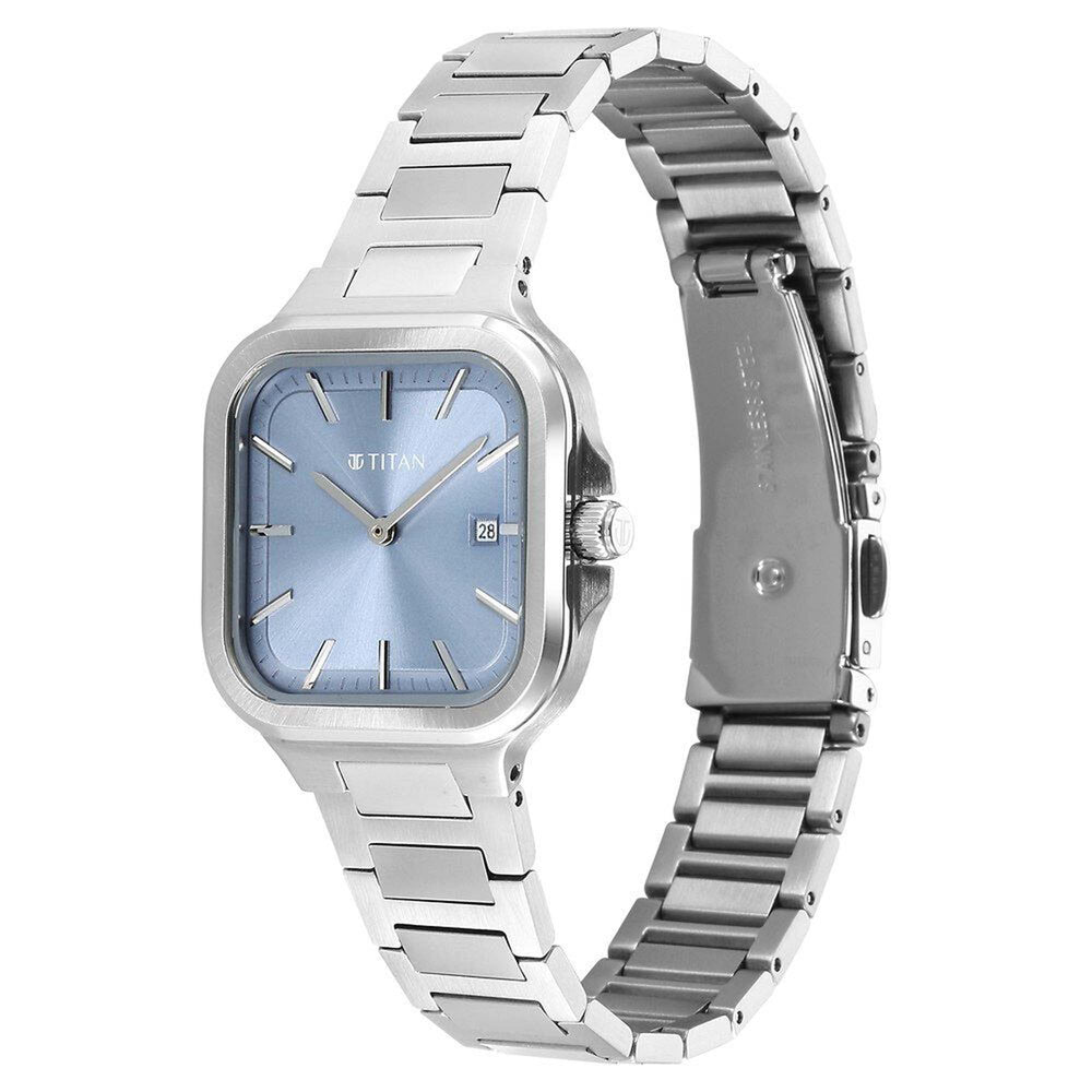 Titan Slim Square Quartz Analog with Date Blue Dial With Silver Color Stainless Steel Strap Watch For Women