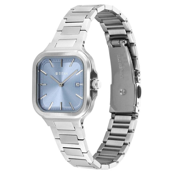 Titan Slim Square Quartz Analog with Date Blue Dial With Silver Color Stainless Steel Strap Watch For Women
