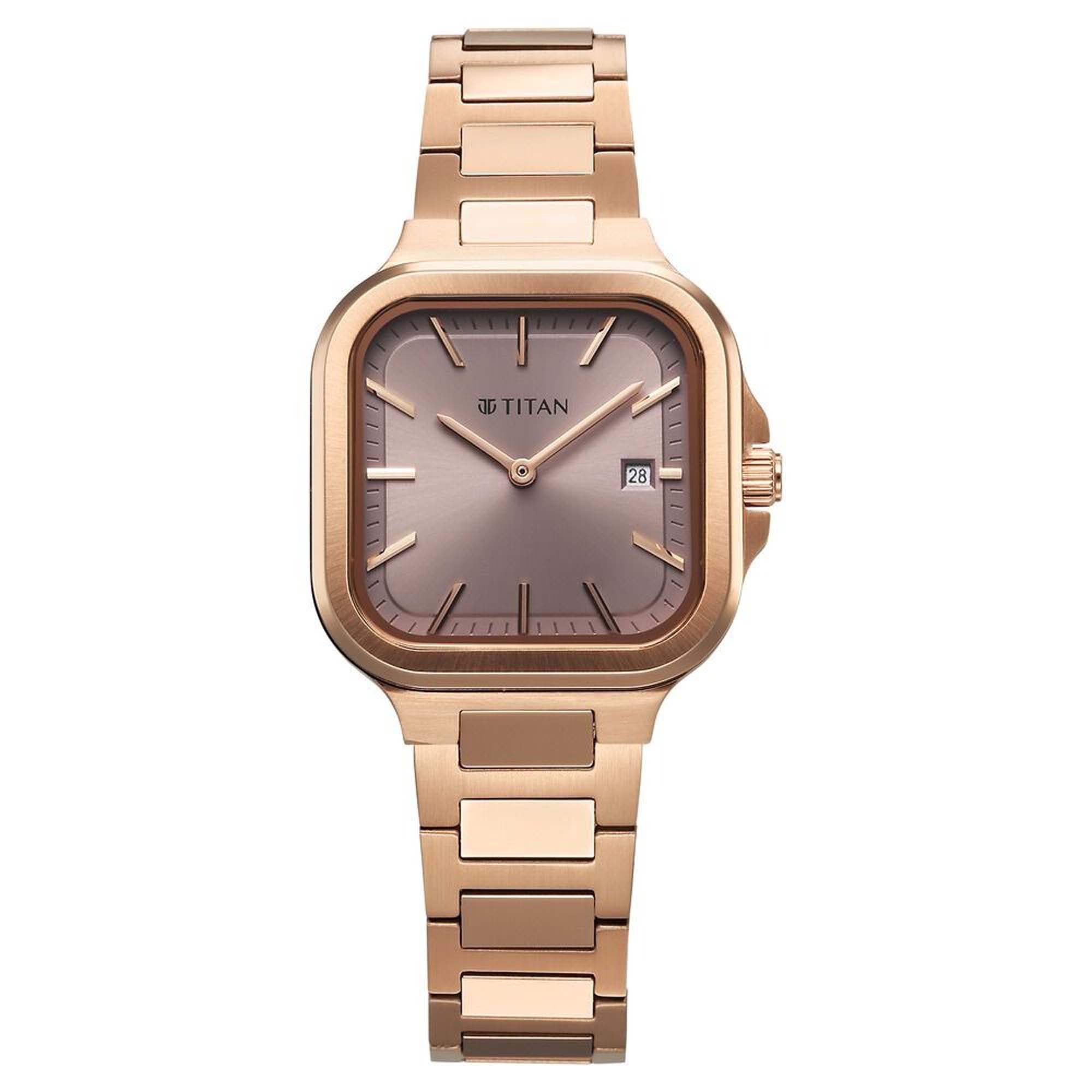 Titan Workwear Lavender Square Dial Rose Gold Stainless Steel Strap Analog with Date Watch for Women