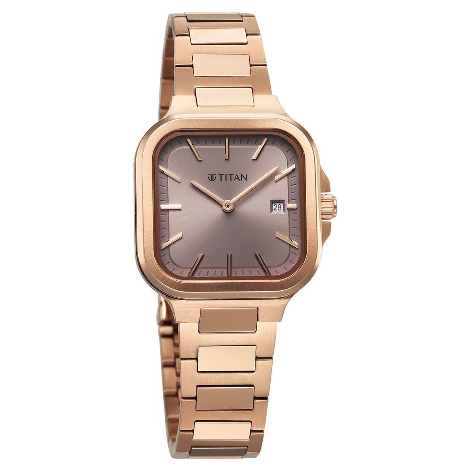 Titan Workwear Lavender Square Dial Rose Gold Stainless Steel Strap Analog with Date Watch for Women