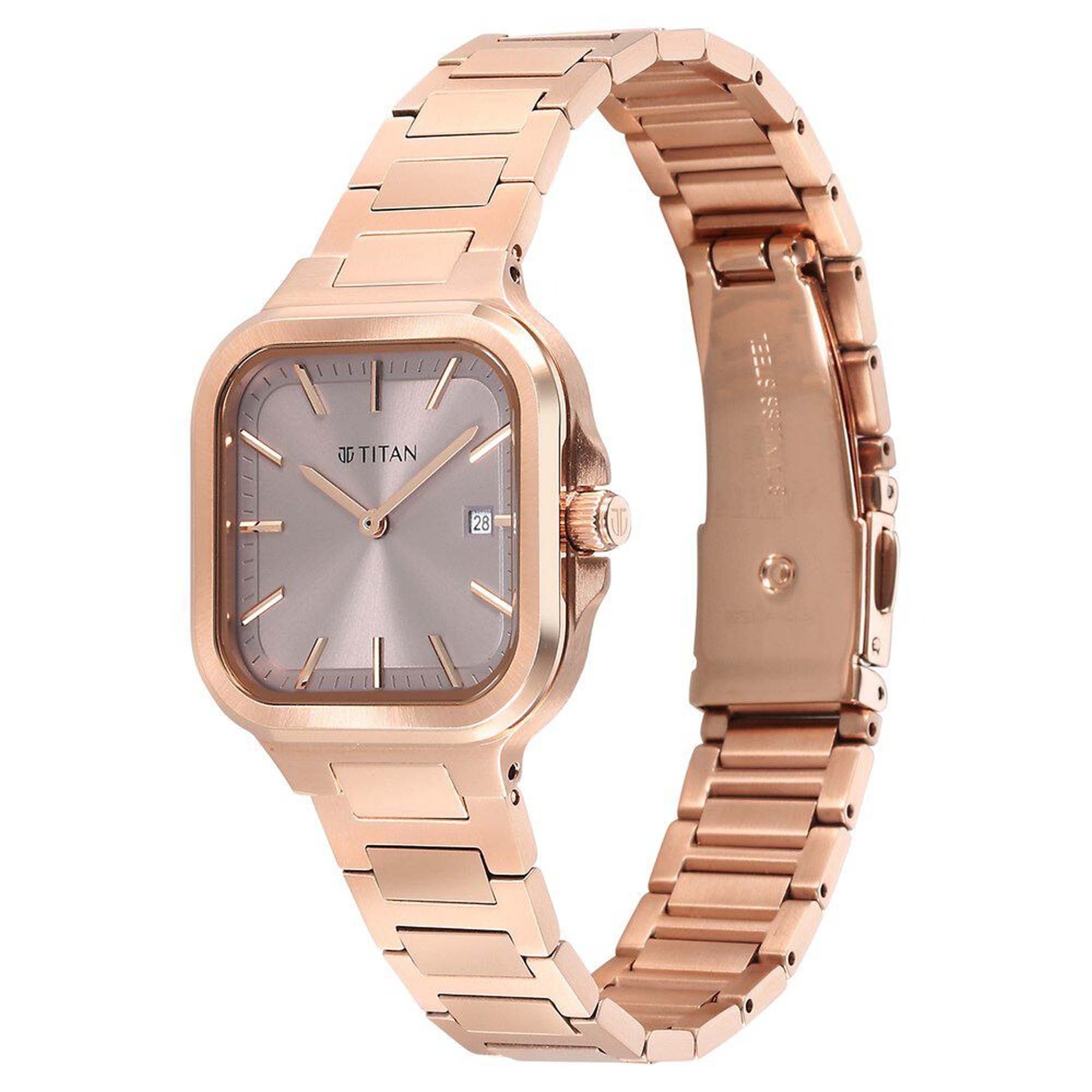 Titan Workwear Lavender Square Dial Rose Gold Stainless Steel Strap Analog with Date Watch for Women