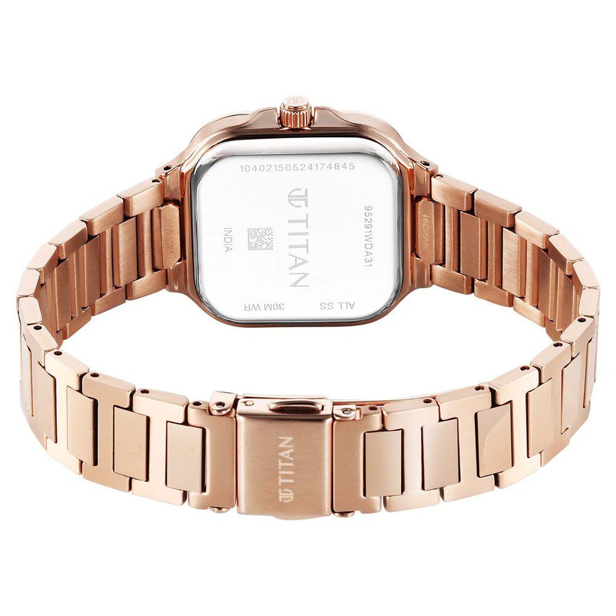 Titan Workwear Lavender Square Dial Rose Gold Stainless Steel Strap Analog with Date Watch for Women