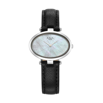 Titan Raga Silver Quartz Analog Mother Of Pearl Dial Sterling Silver Case With Black Color Leather Strap Watch For Women