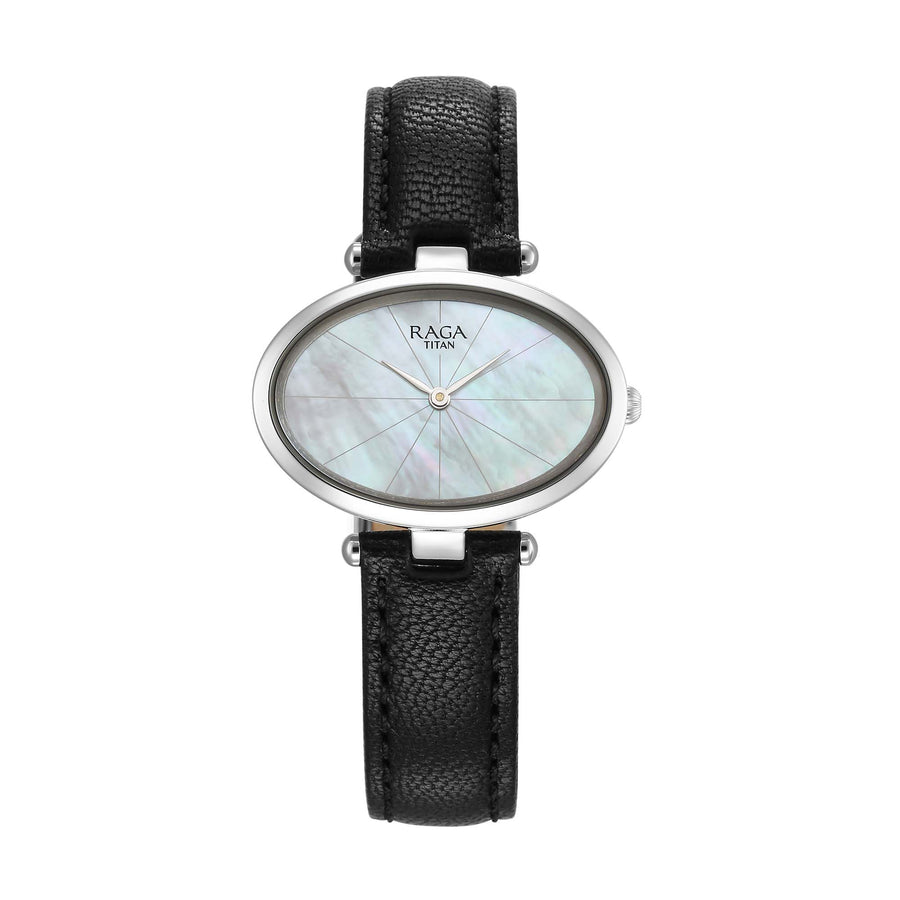Titan Raga Silver Quartz Analog Mother Of Pearl Dial Sterling Silver Case With Black Color Leather Strap Watch For Women