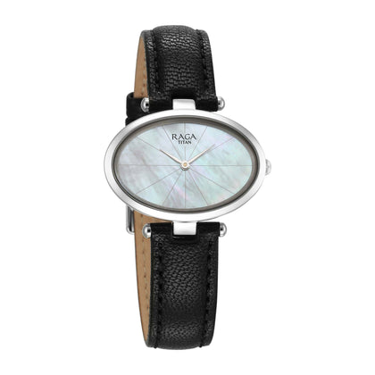 Titan Raga Silver Quartz Analog Mother Of Pearl Dial Sterling Silver Case With Black Color Leather Strap Watch For Women