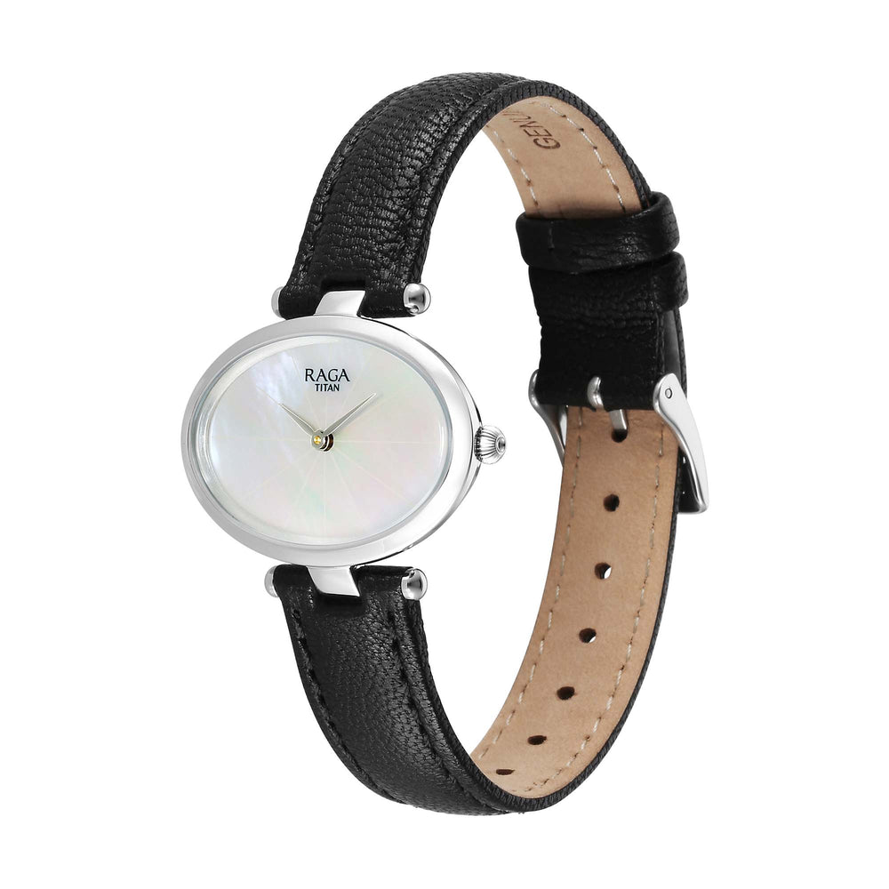 Titan Raga Silver Quartz Analog Mother Of Pearl Dial Sterling Silver Case With Black Color Leather Strap Watch For Women