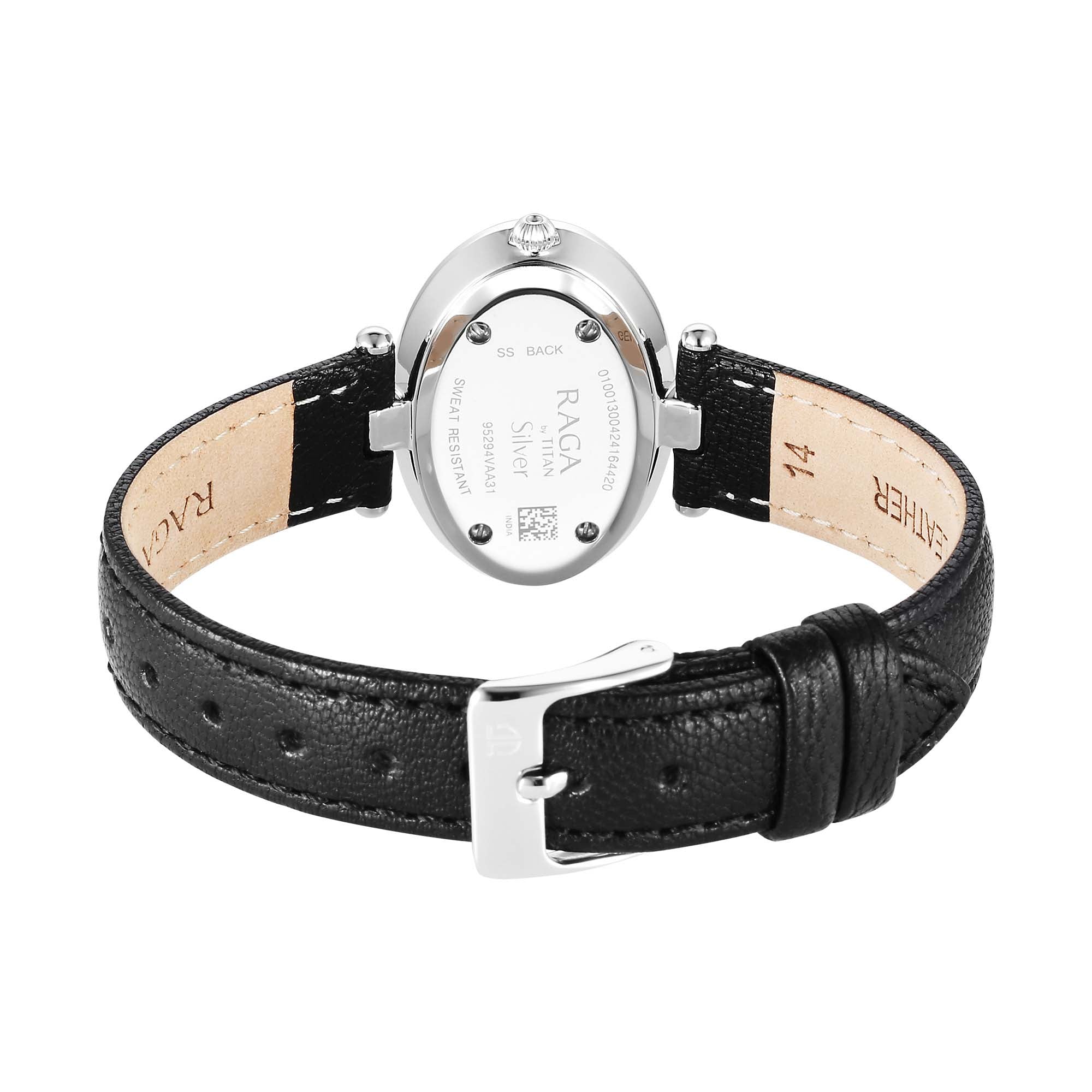 Titan Raga Silver Quartz Analog Mother Of Pearl Dial Sterling Silver Case With Black Color Leather Strap Watch For Women