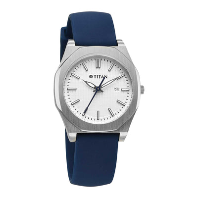 Titan White Round Dial Blue Strap Watch For LAD